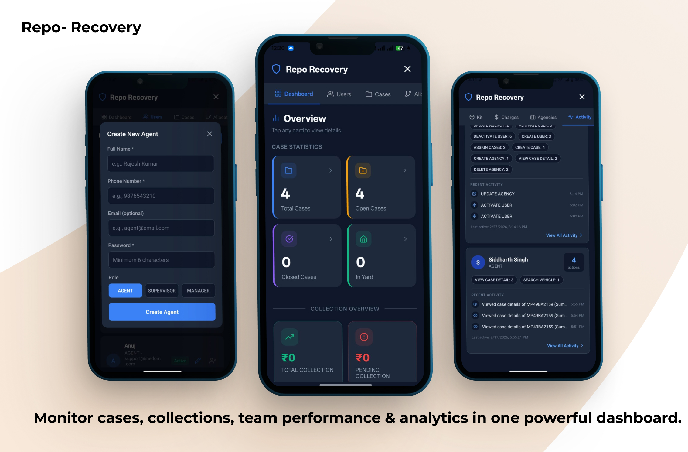 Ranrev Repo Recovery mobile interface showing case management dashboard